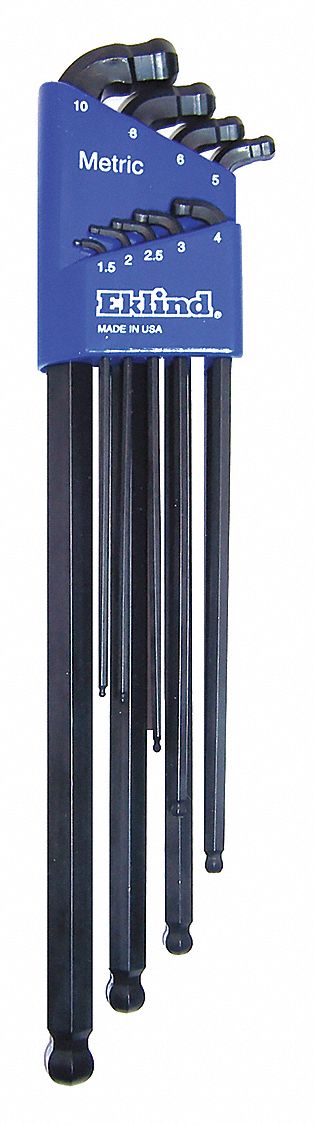 HEX KEY SET, METRIC, EXTRA LONG, 9 PIECES, PLASTIC HOLDER, BLACK OXIDE, 2 TIPS, BALL END