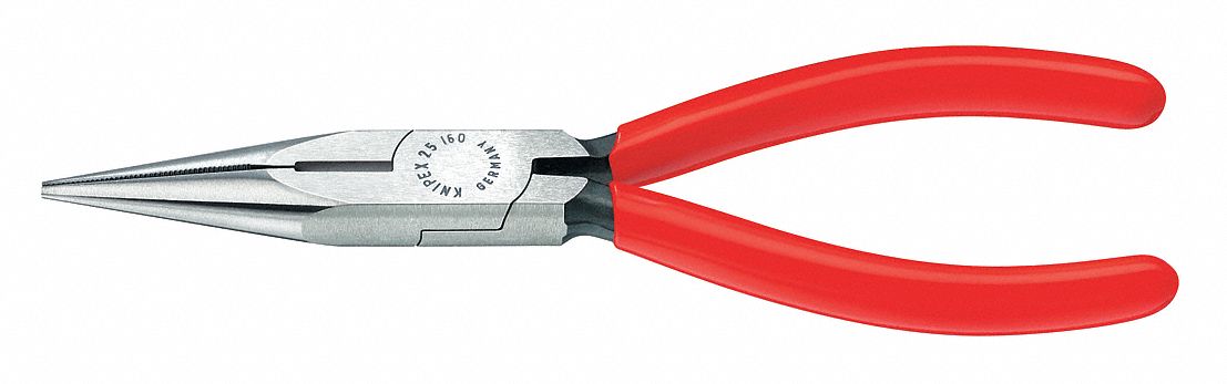 LONG NOSE PLIER, 1 1/4 IN MAX JAW OPENING, 6 1/4 IN OVERALL L, 2 IN JAW L, 3/32 IN TIP W
