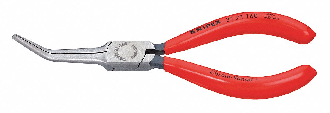 Bent Long Nose Plier: 1 1/4 in Max Jaw Opening, 6 1/4 in Overall Lg, 2 1/8 in Jaw Lg, 1/8 in Tip Wd