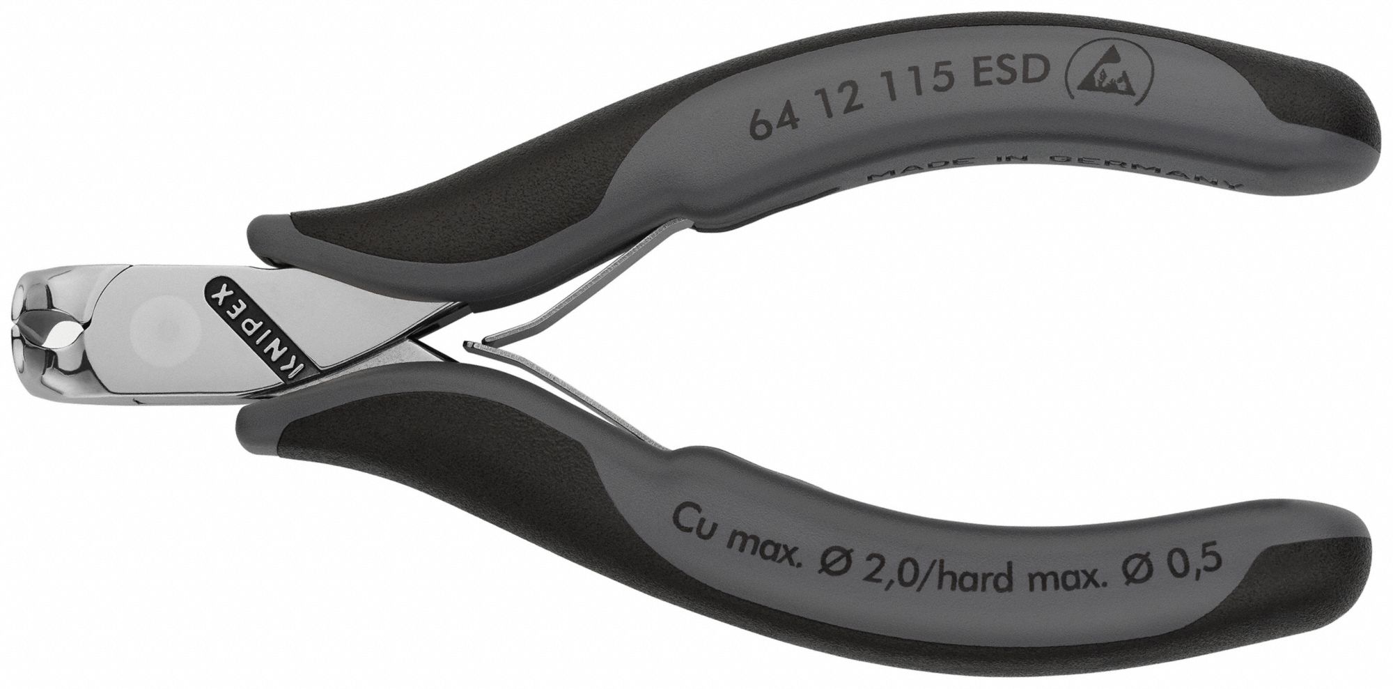 ESD End Cutting Nippers: 4 1/2 in Overall Lg, For 0.06 in Max Wire Thick, 1/2 in Jaw Wd