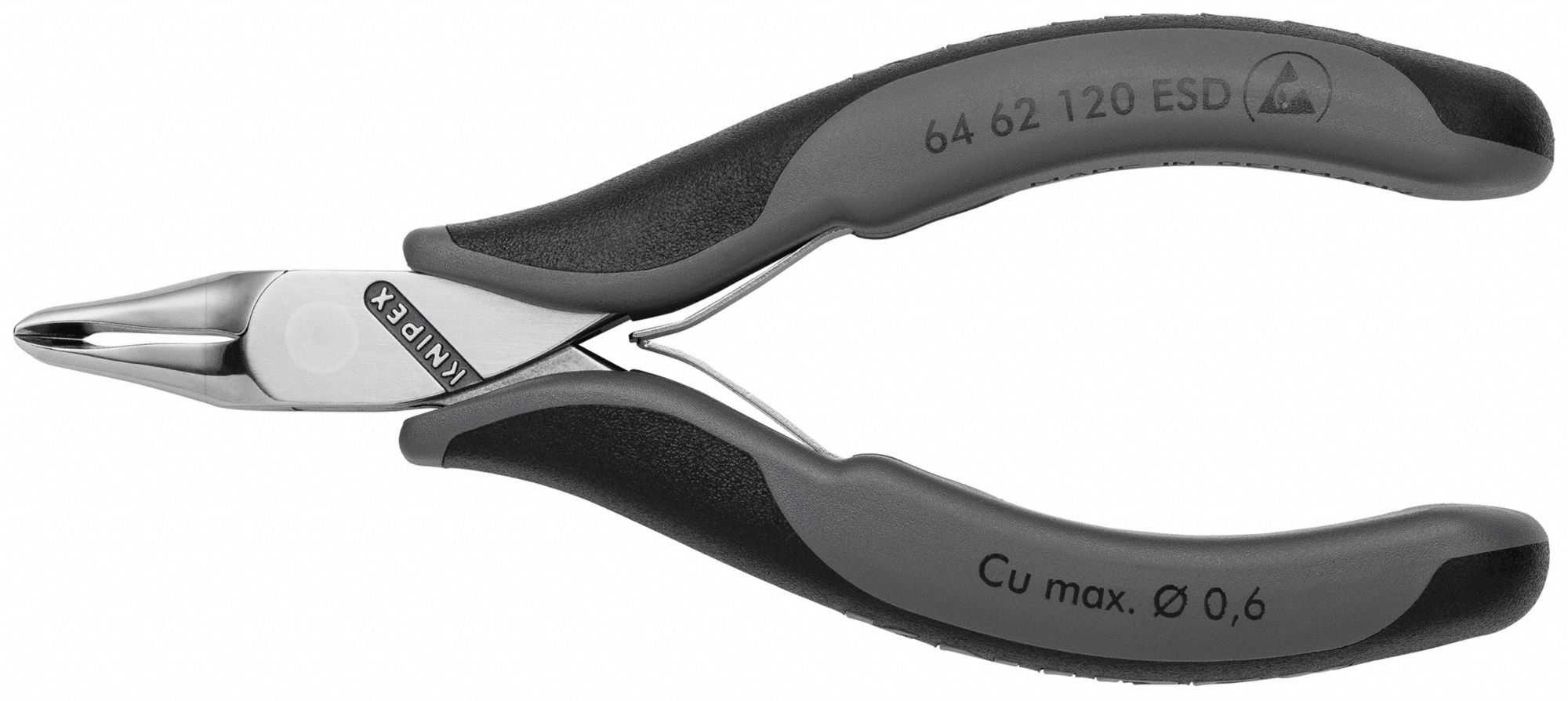 ESD End Cutting Nippers: 4 3/4 in Overall Lg, For 0.02 in Max Wire Thick, 1/2 in Jaw Wd