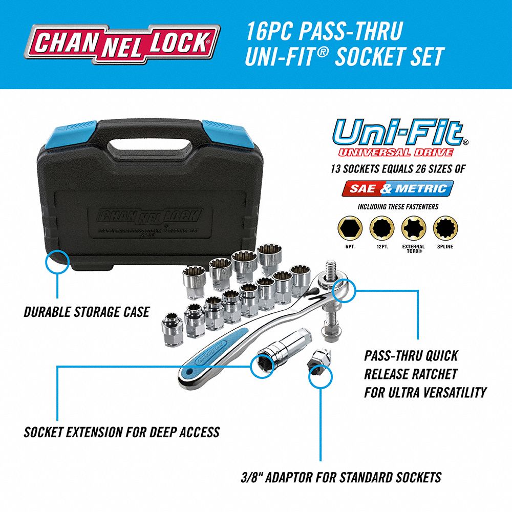 CHANNELLOCK Socket Wrench Set: 3/8 in Drive Size, 16 Pieces, (13) 12 ...