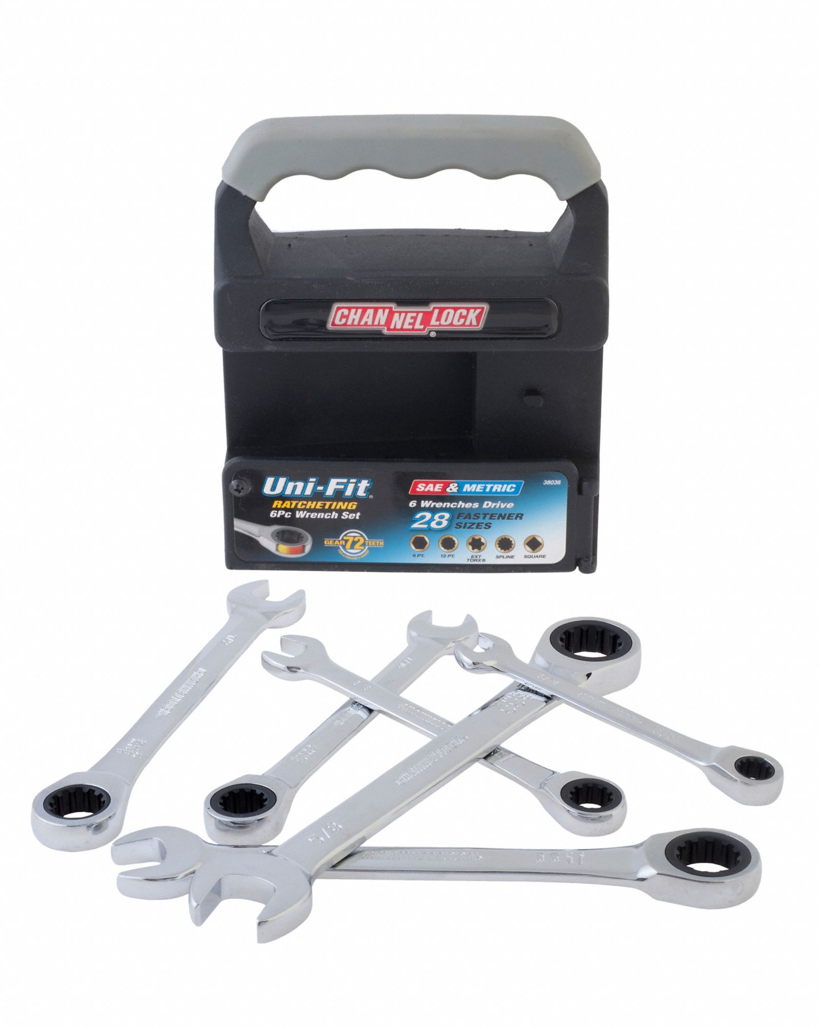 CHANNELLOCK Combination Wrench Set Alloy Steel, Chrome, 6 Tools, Std, Storage Rack 38UU85