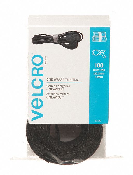 HOOK-AND-LOOP CABLE TIE, 8 IN L, 2 IN, 0.5 IN W, NYLON/POLYETHYLENE, BLACK, 100 PK