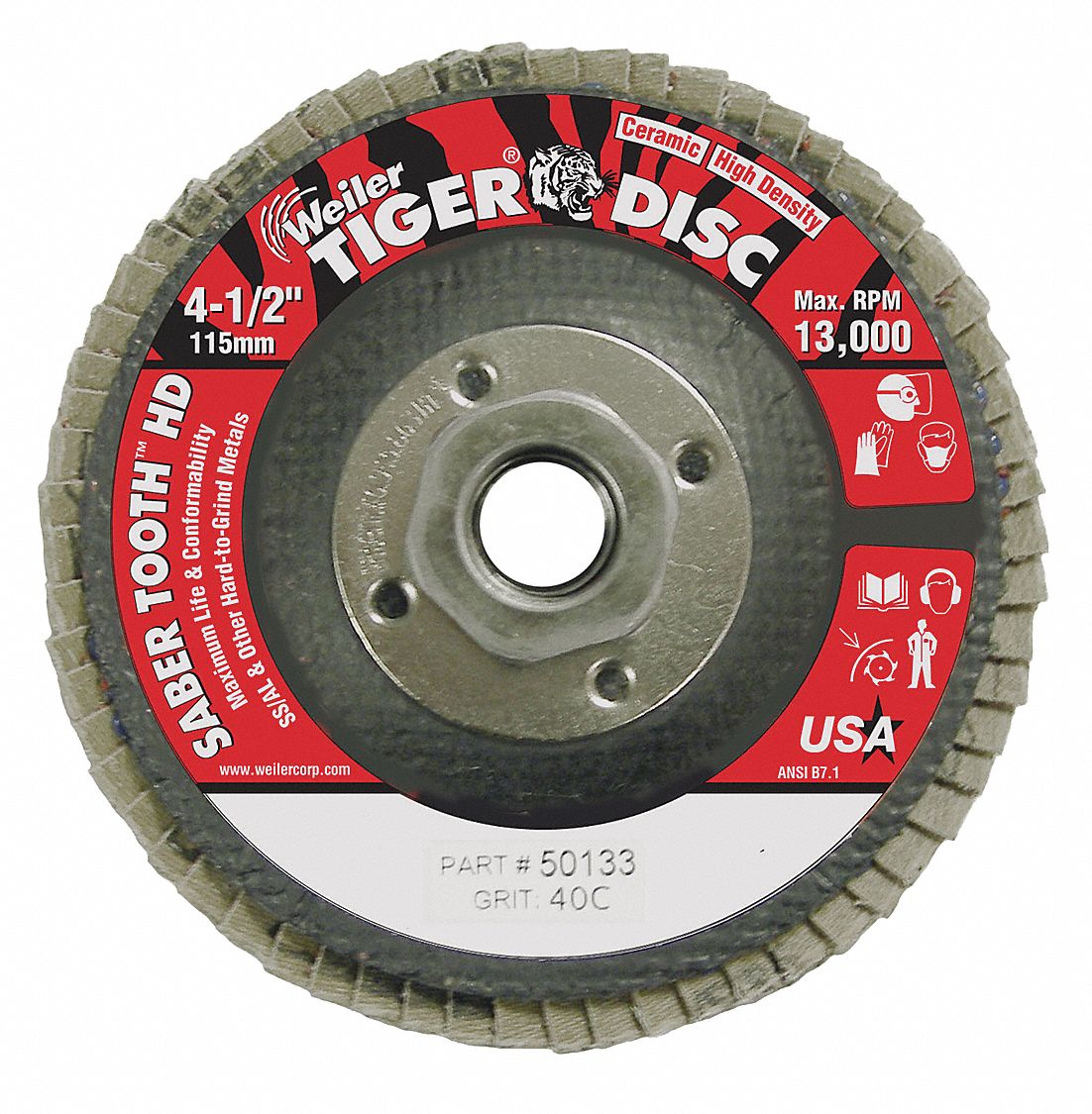 Flap Disc: Type 27, 4-1/2" x 5/8"-11, Ceramic, 40 Grit, Phenolic Bk, High Density