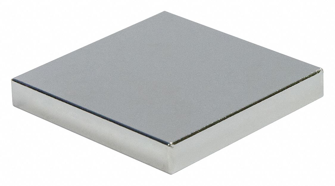 Rare Earth Magnet: Neodymium, 0.125 in Thick, 1 in Overall Wd, 1 in Overall Lg, 42