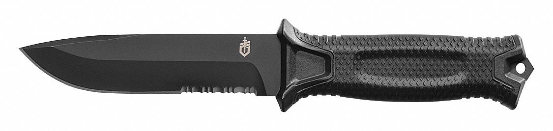 Fixed Blade Knife: Serrated, 9 3/4 in Overall Lg, Steel, Rubber, 4 3/4 in Blade Lg
