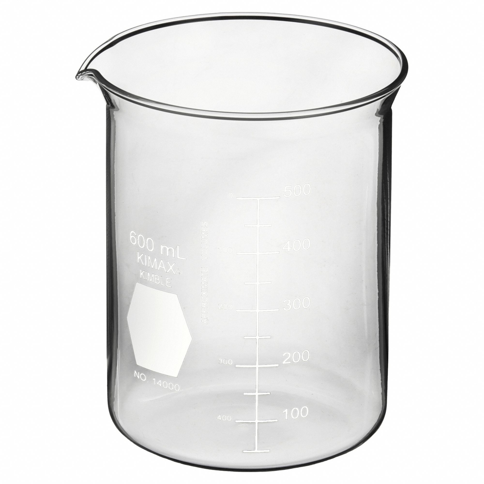 Beaker: Borosilicate Glass, Low Form, 600 mL Capacity - mL, 20.28 fl oz Capacity - oz, A, Type I