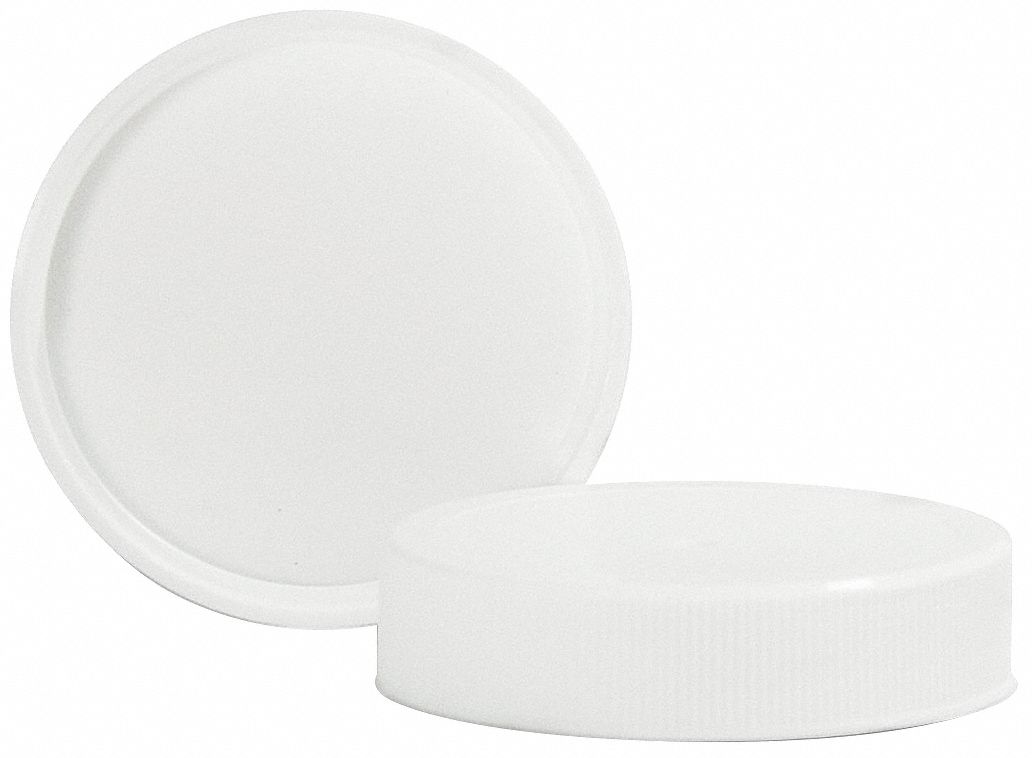 Cap: 89 mm Dia, White, Polypropylene, Polyethylene, 89-400 mm Screw Closure Size, Wide Mouth Size