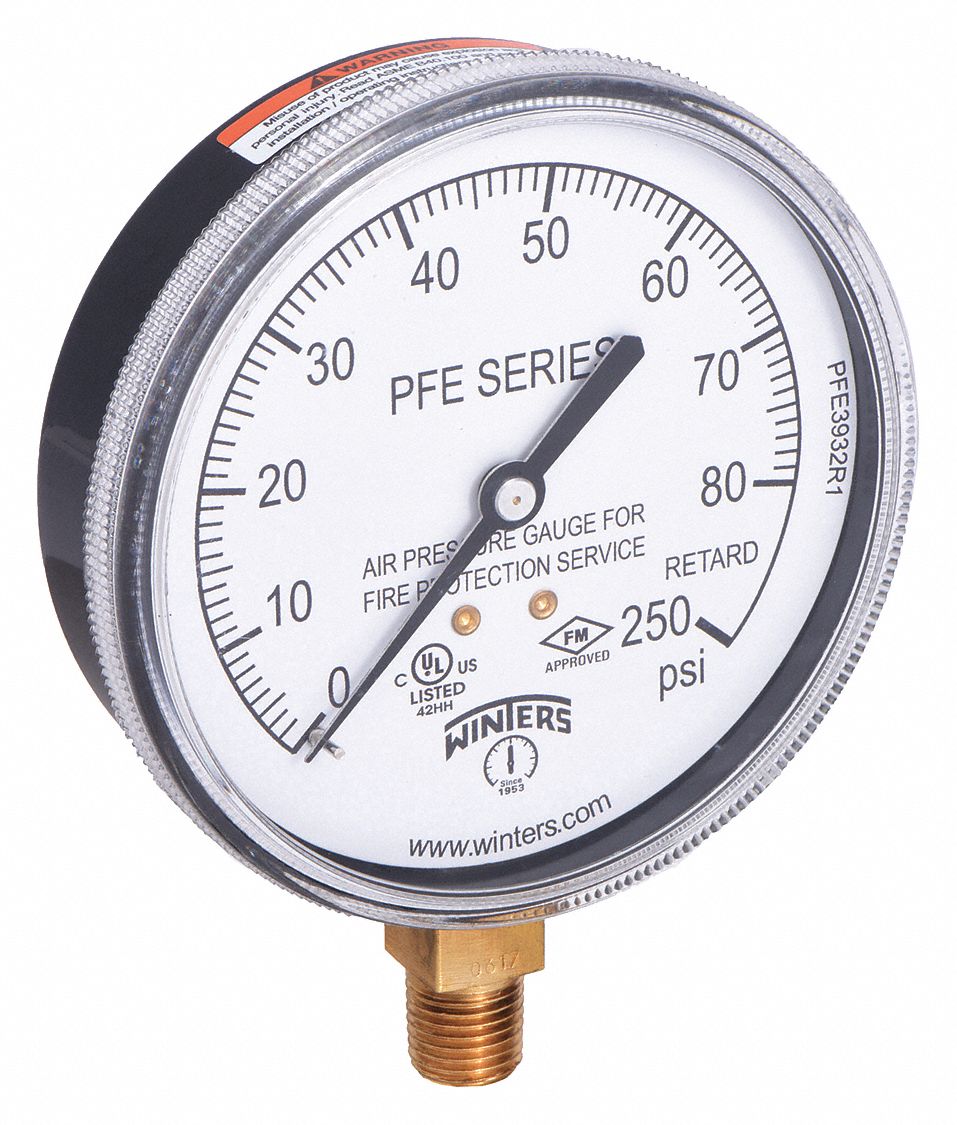 FIRE SPRINKLER SYSTEM PRESSURE GAUGE, 80 PSI TO 250 PSI, 3 1/2 IN DIAL, 1/4 IN NPT MALE, PFE