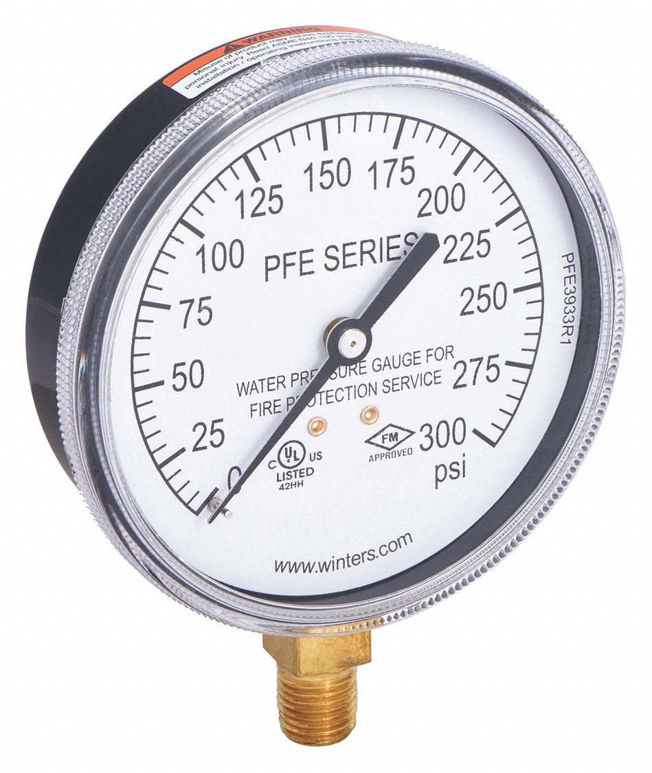 FIRE SPRINKLER SYSTEM PRESSURE GAUGE, 0 PSI TO 300 PSI, 3 1/2 IN DIAL, 1/4 IN NPT MALE, PFE