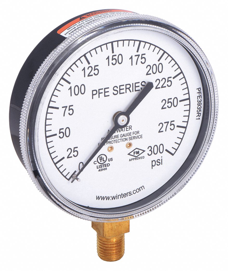 WINTERS, Air/Water, 0 to 300 psi, Fire Sprinkler System Pressure Gauge