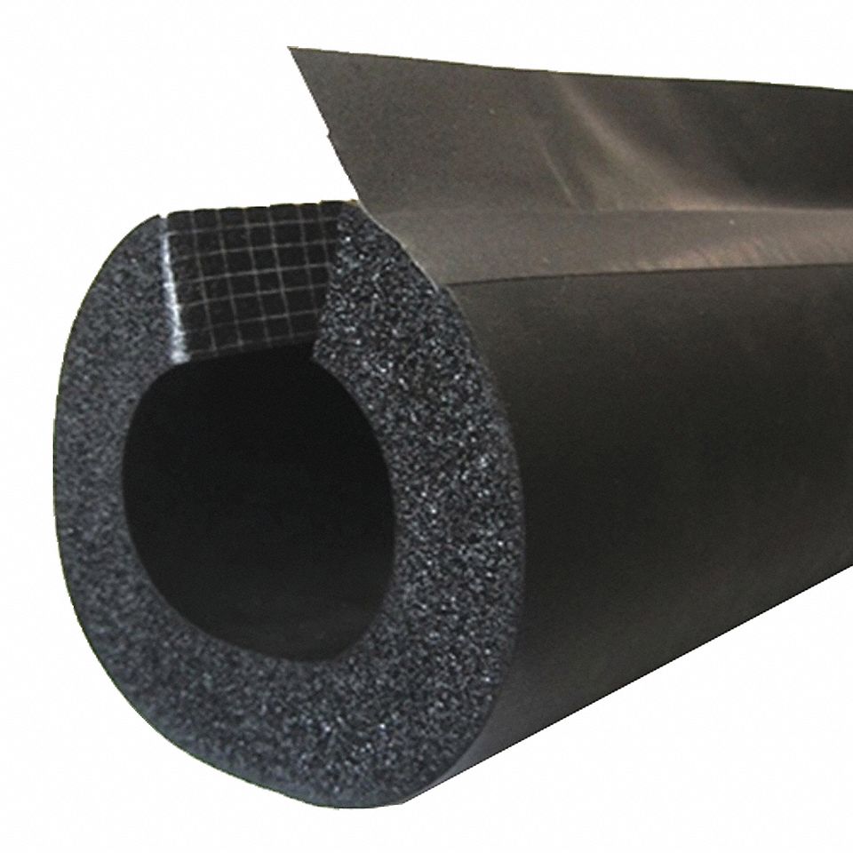 PIPE INSULATION: TUBE, FOAM, SLIT WITH ADHESIVE & FLAP, ½ IN THICK, ⅞ IN ID, 6 FT L, BLACK