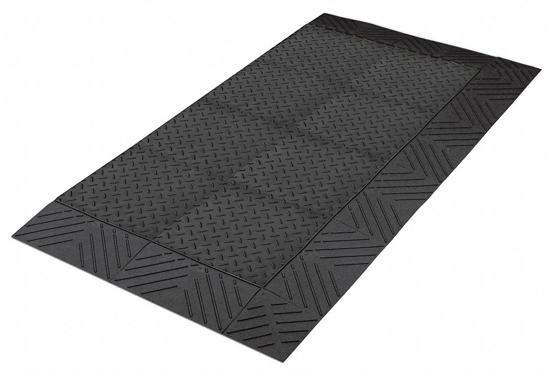 INTERLOCKING ANTIFATIGUE MAT, DIAMOND PLATE, 30 INX5 FT, 1 IN THICK, BLK, VINYL, BEVELED