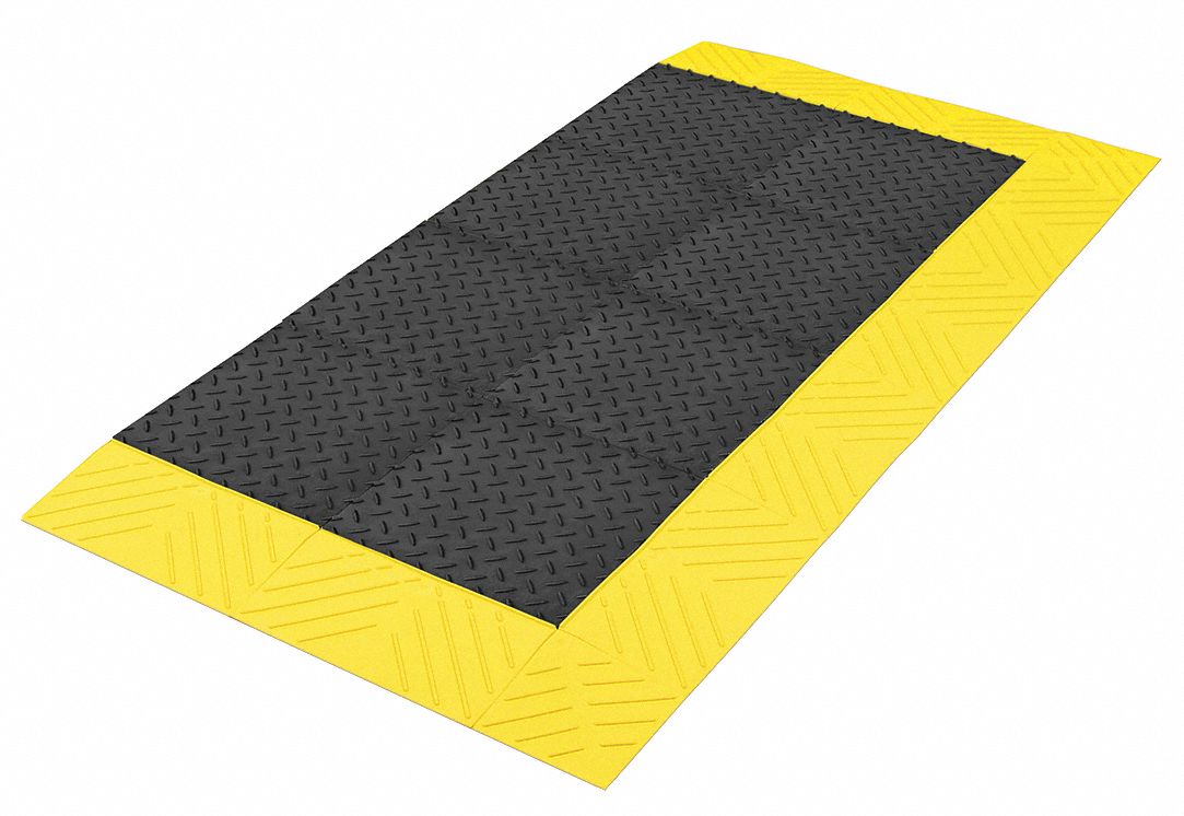 INTERLOCKING ANTIFATIGUE MAT, DIAMOND PLATE, 30 INX5 FT, 1 IN THICK, BLK/YLW BORDER