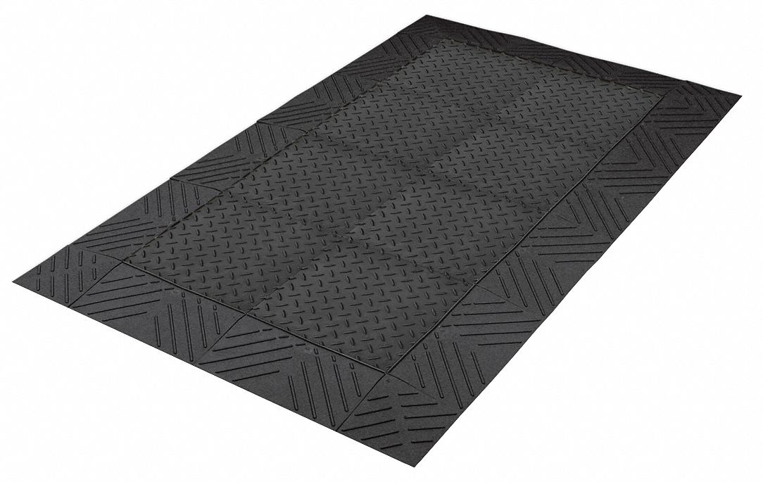 Interlocking Antifatigue Mat: Diamond Plate, 3 ft x 3 ft, 1 in Thick, Black, Vinyl, Beveled Edge