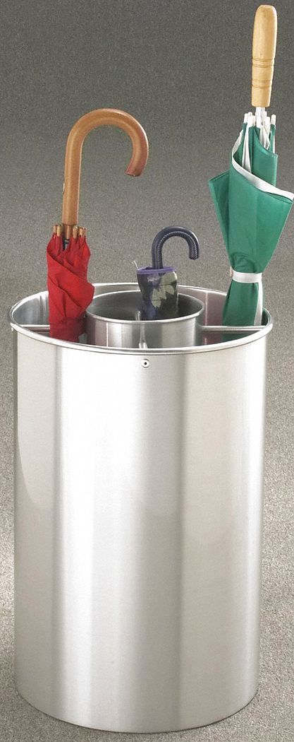 Umbrella Stand: 23 in Overall Ht, Satin Aluminum, 15 in Overall Dia, Aluminum, Round