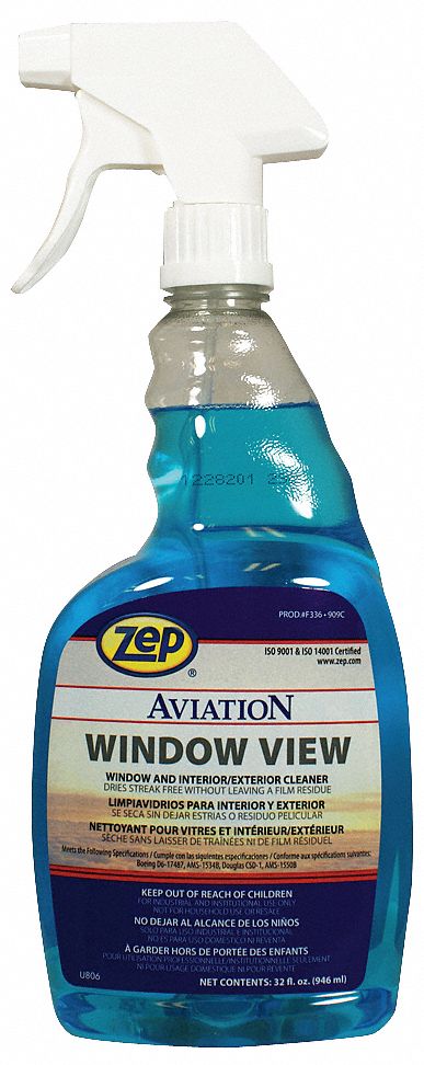 Aircraft Window Cleaner: Liquid, Trigger Spray Bottle, 32 oz, Ammonia Free, 12 PK