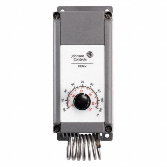 JOHNSON CONTROLS Line Volt Mechanical Tstat: Heat or Cool, Plastic, 30° to  110°F, 3° to 12°F