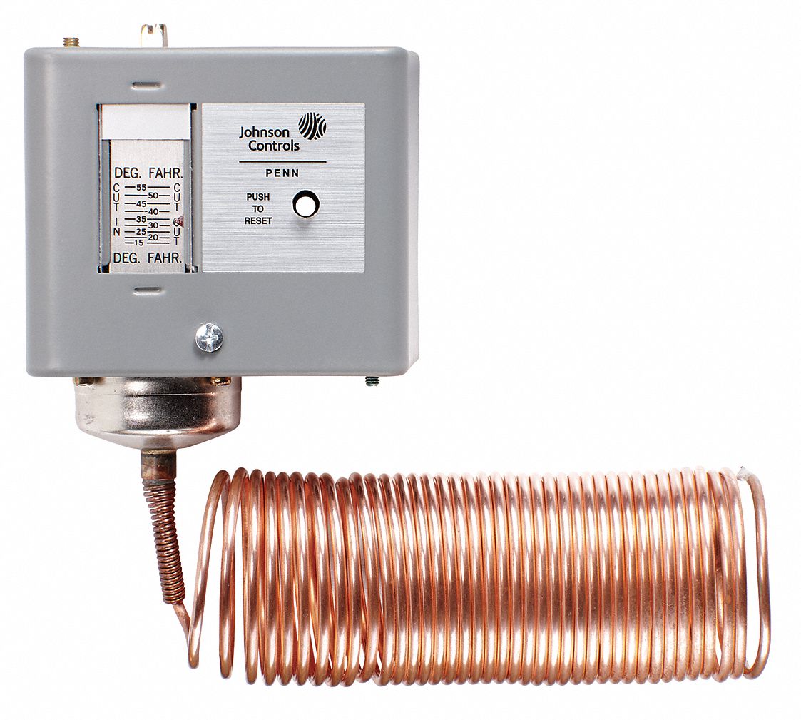 LINE VOLT MECHANICAL THERMOSTAT, 15 °  TO 55 ° F, STEEL, FIXED, 5 ° F, 120 TO 600V AC