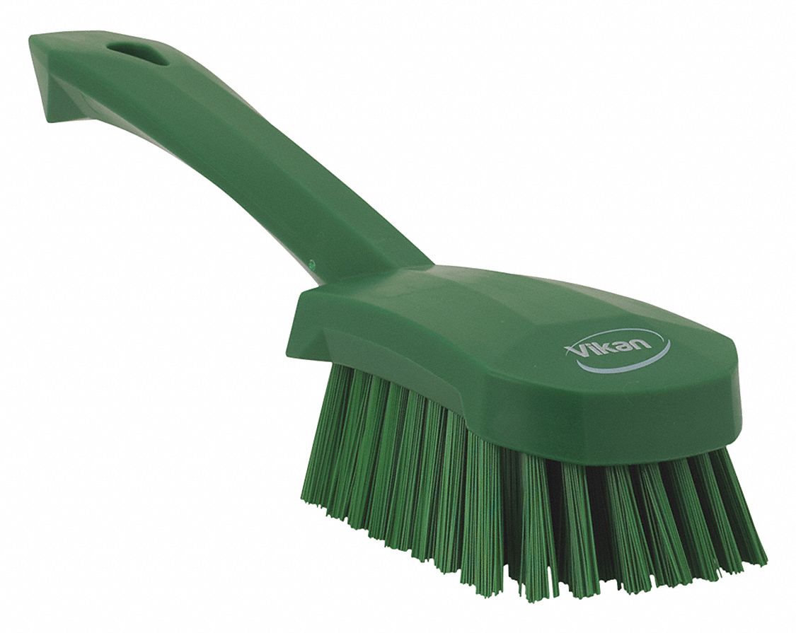SCRUB BRUSH, STIFF, PLASTIC, 4½ IN BRUSH L, 5⅞ IN HANDLE L, 2¾ IN HEAD W, GREEN, SHORT-HANDLED