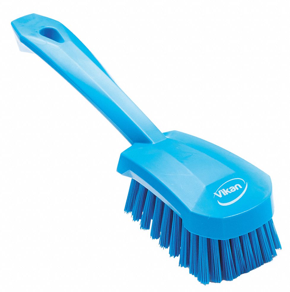 SCRUB BRUSH, STIFF, PLASTIC, 4½ IN BRUSH L, 5⅞ IN HANDLE L, 2¾ IN HEAD W, BLUE, SHORT-HANDLED