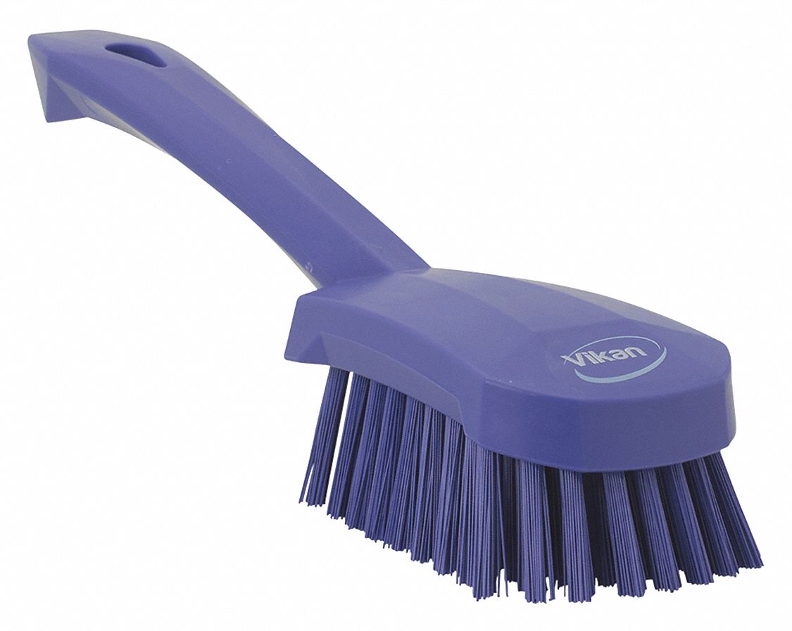 SCRUB BRUSH, STIFF, PLASTIC, 4½ IN BRUSH L, 5⅞ IN HANDLE L, 2¾ IN HEAD W, PURPLE, SHORT-HANDLED
