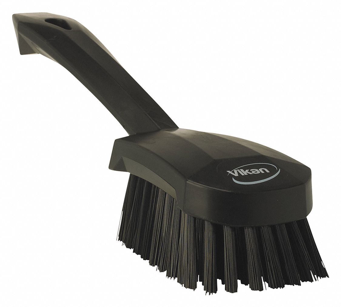 SCRUB BRUSH, STIFF, PLASTIC, 4½ IN BRUSH L, 5⅞ IN HANDLE L, 2¾ IN HEAD W, BLACK, SHORT-HANDLED