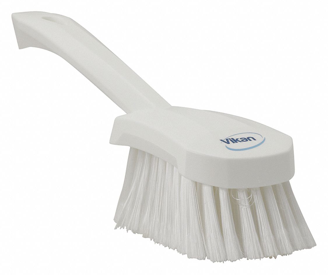 SCRUB BRUSH, SOFT, PLASTIC, 4½ IN BRUSH L, 5⅞ IN HANDLE L, 2¾ IN HEAD W, WHITE, SHORT-HANDLED