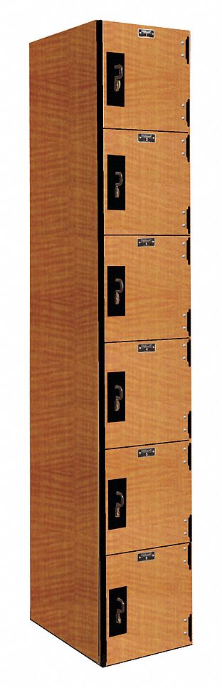 Box Locker: 12 in x 18 in x 72 in, 6 Tiers, 1 Units Wide, Solid, Padlock Hasp, Light Wood