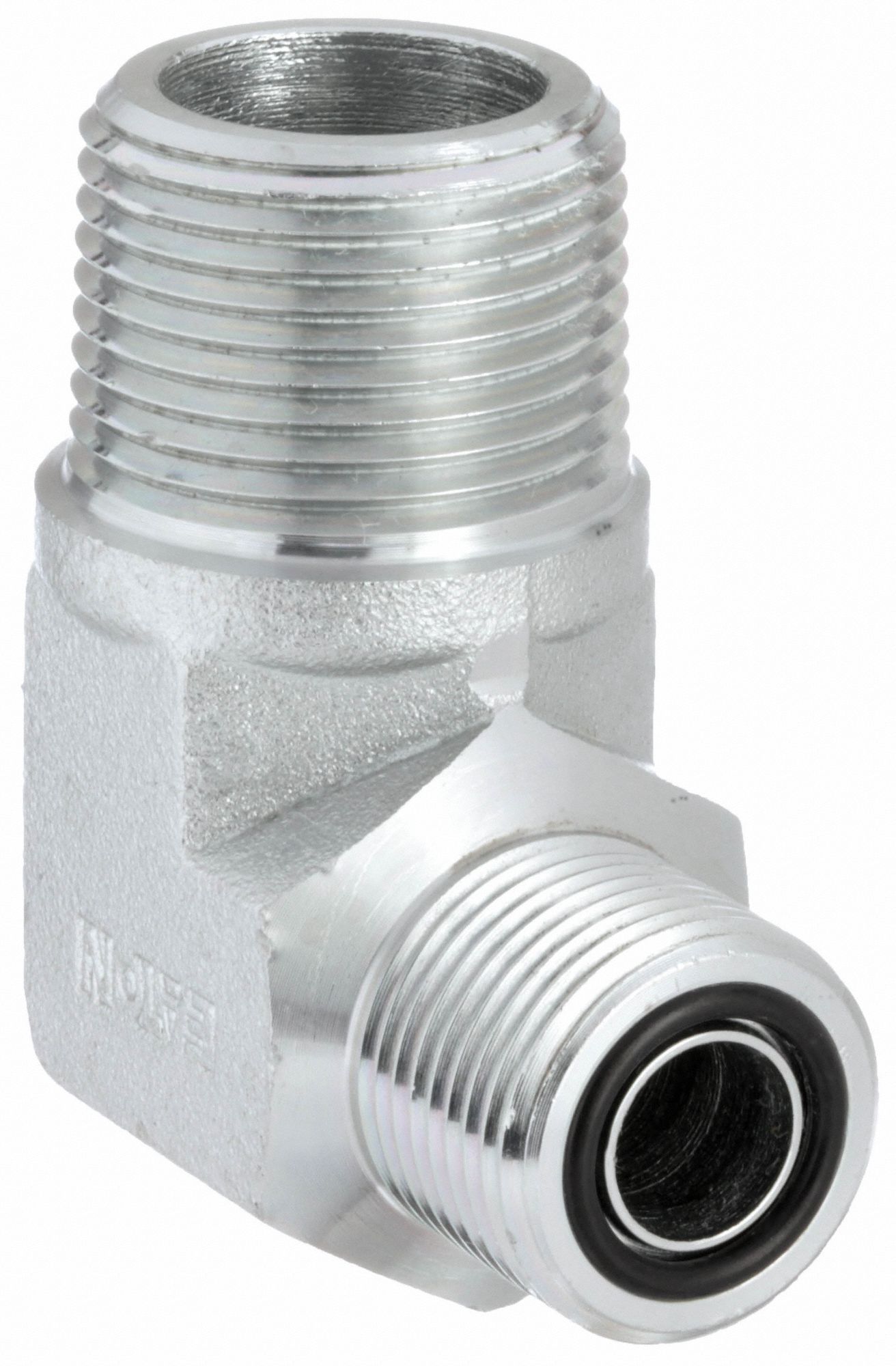 Hydraulic Hose Adapter: 1/2 in x 3/4 in Fitting Size, Male x Male, ORS x NPTF, Rigid, 90° Elbow