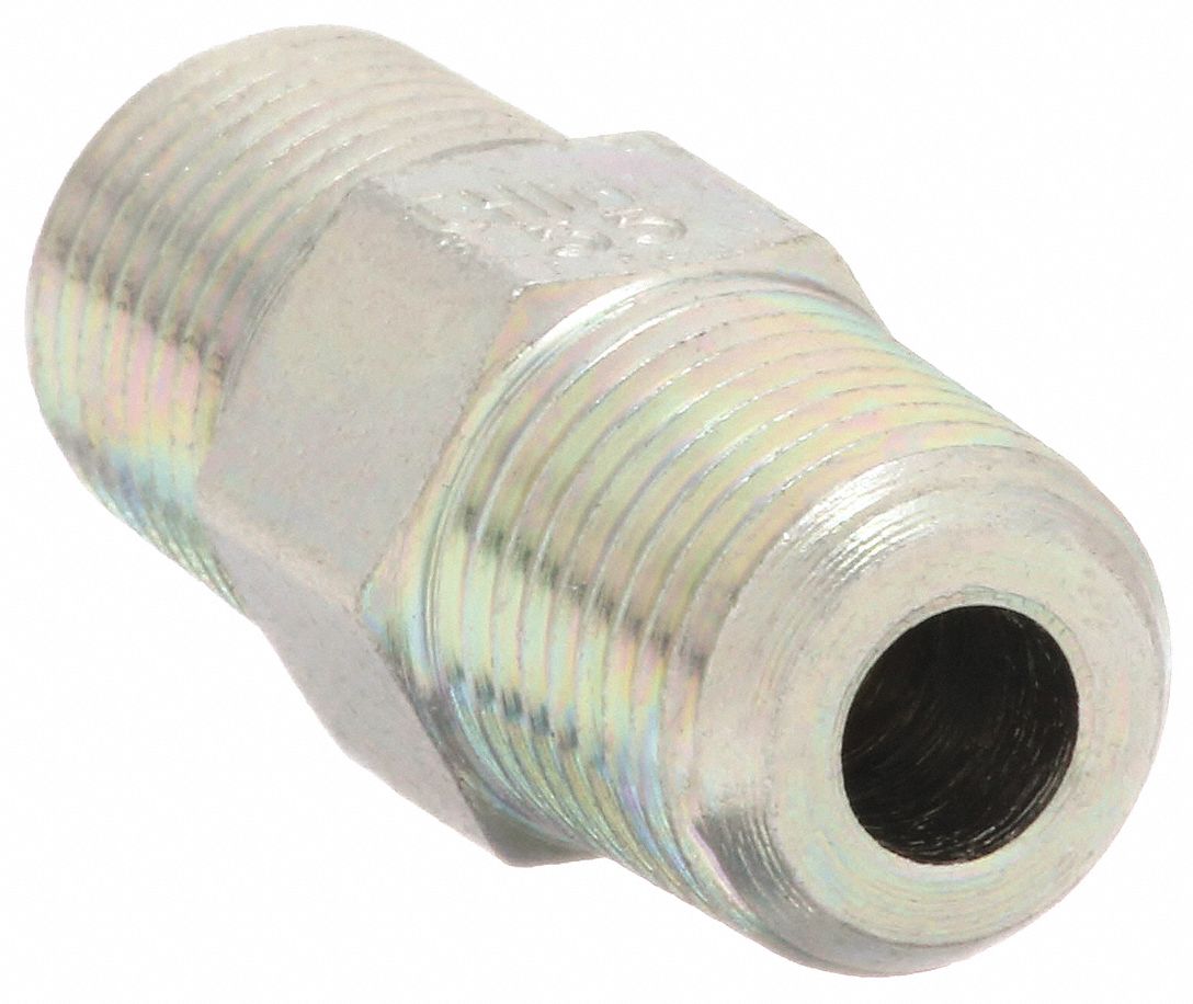 Hydraulic Hose Adapter: 1/8 in x 1/8 in Fitting Size, Male x Male, NPTF x NPTF, Rigid, Straight