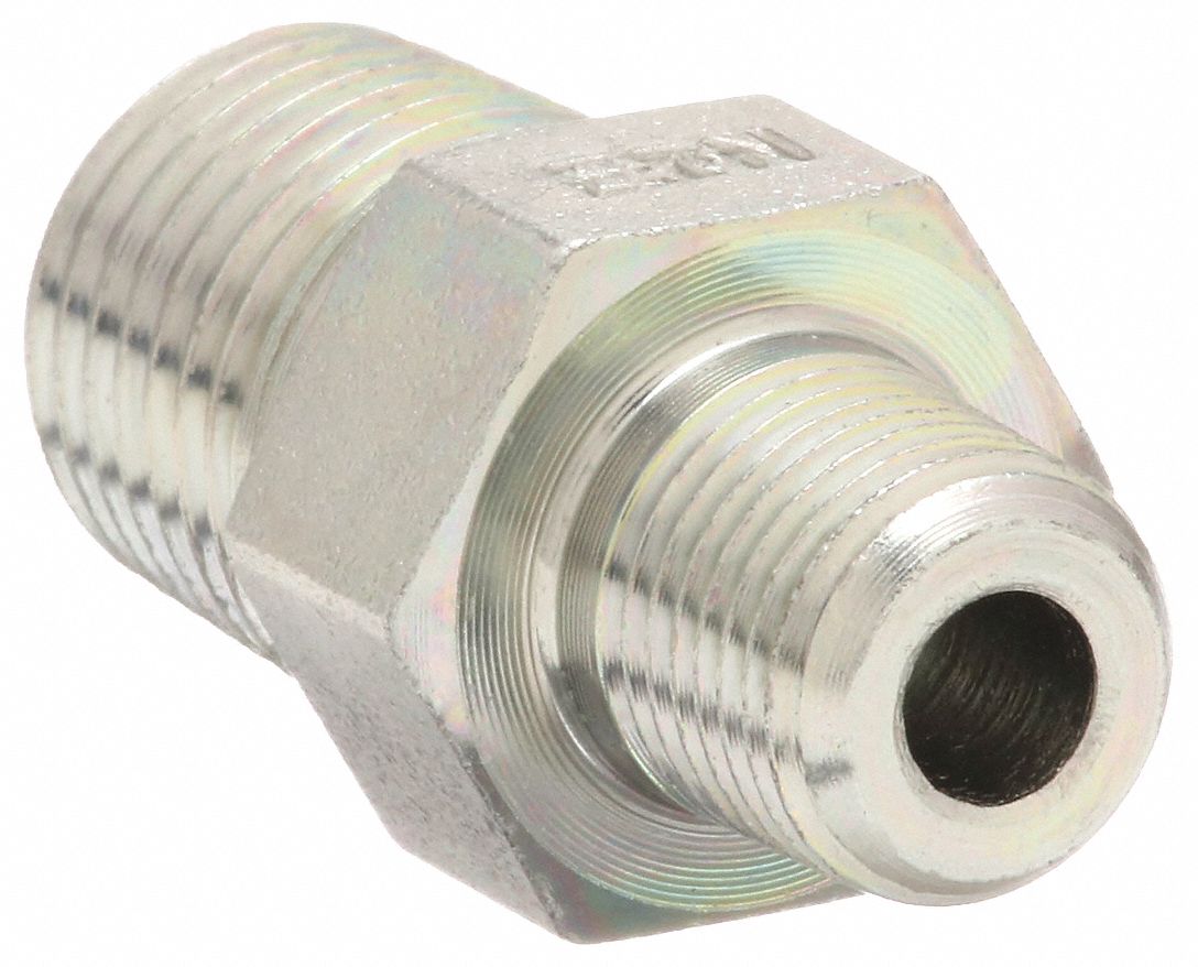 Hydraulic Hose Adapter: 1/4 in x 1/8 in Fitting Size, Male x Male, NPTF x NPTF, Rigid, Straight