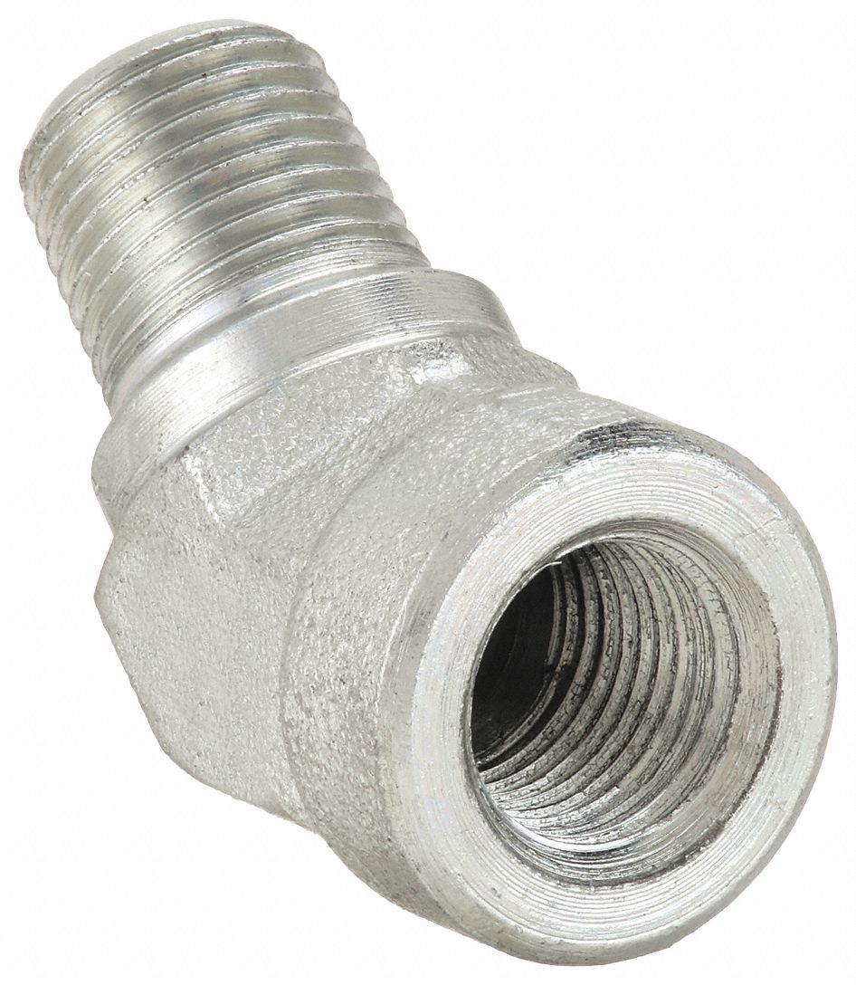 Hydraulic Hose Adapter: 1/4 in x 1/4 in Fitting Size, Male x Female, NPTF x NPTF, Rigid, 45° Elbow