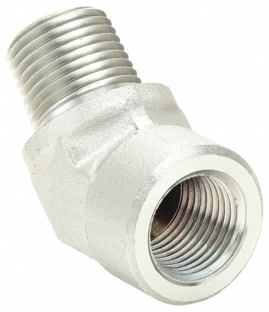 Hydraulic Hose Adapter: 1/2 in x 1/2 in Fitting Size, Male x Female, NPTF x NPTF, Rigid, 45° Elbow