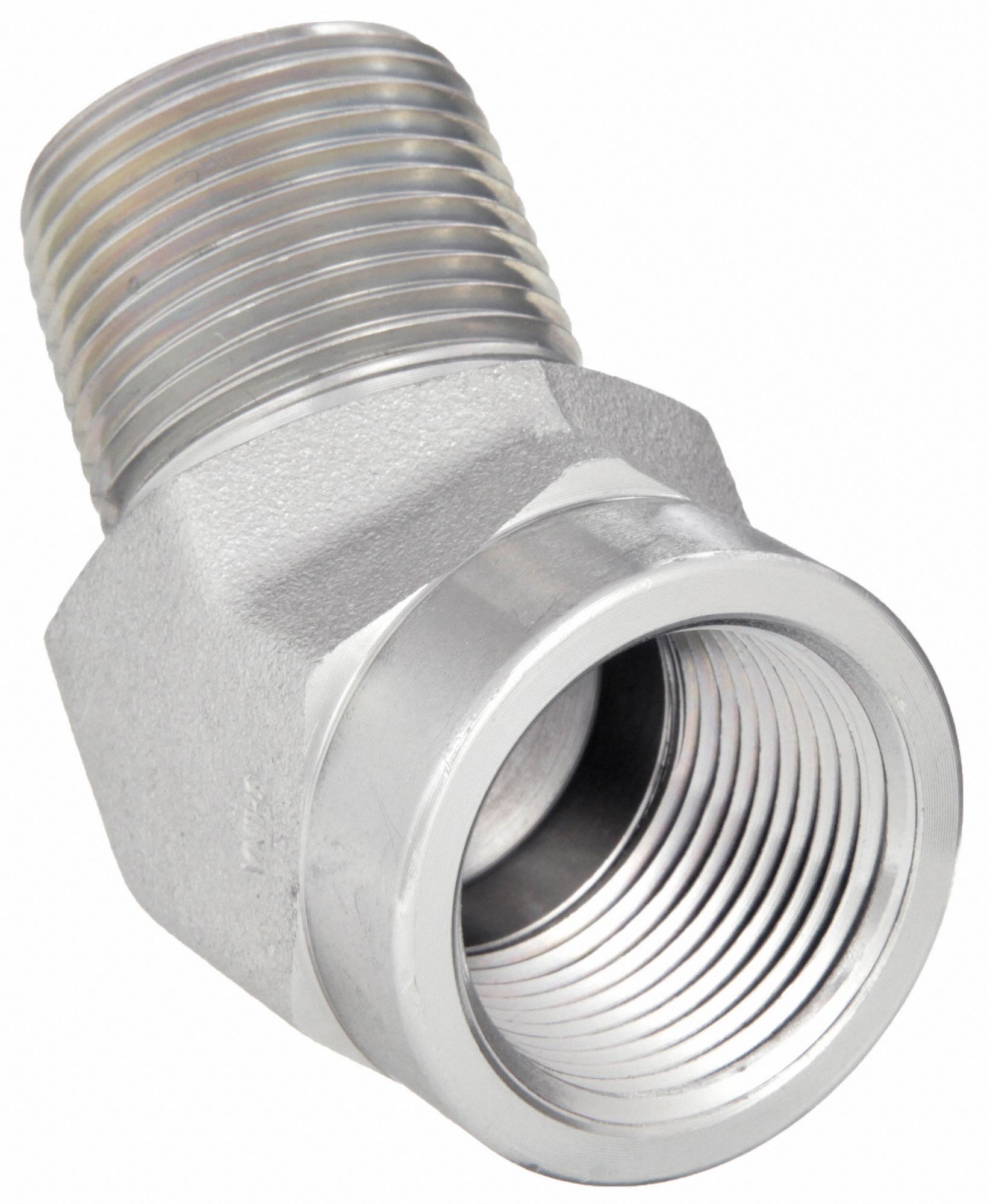 Hydraulic Hose Adapter: 1 in x 1 in Fitting Size, Male x Female, NPTF x NPTF, Rigid, 45° Elbow