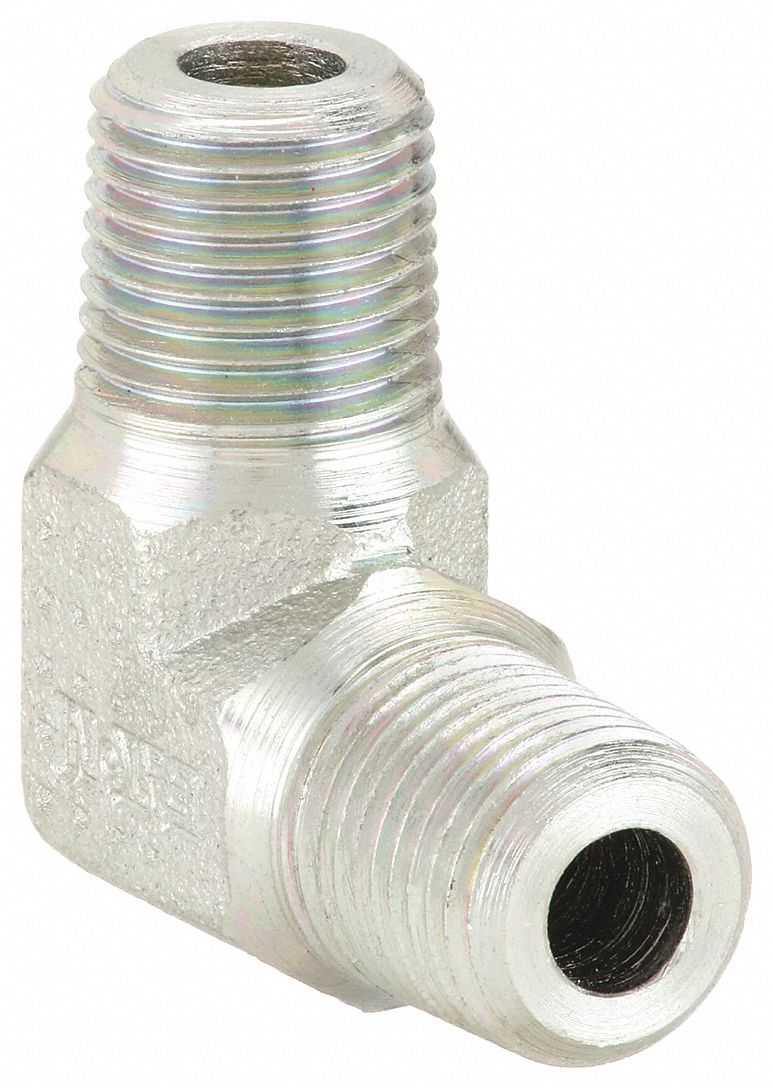 Hydraulic Hose Adapter: 1/8 in x 1/8 in Fitting Size, Male x Male, NPTF x NPTF, Rigid, 90° Elbow