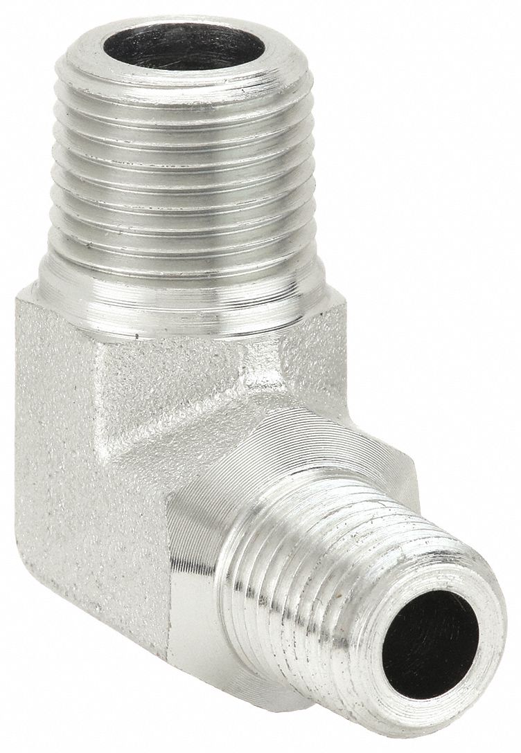 Hydraulic Hose Adapter: 1/2 in x 3/8 in Fitting Size, Male x Male, NPTF x NPTF, Rigid, 90° Elbow