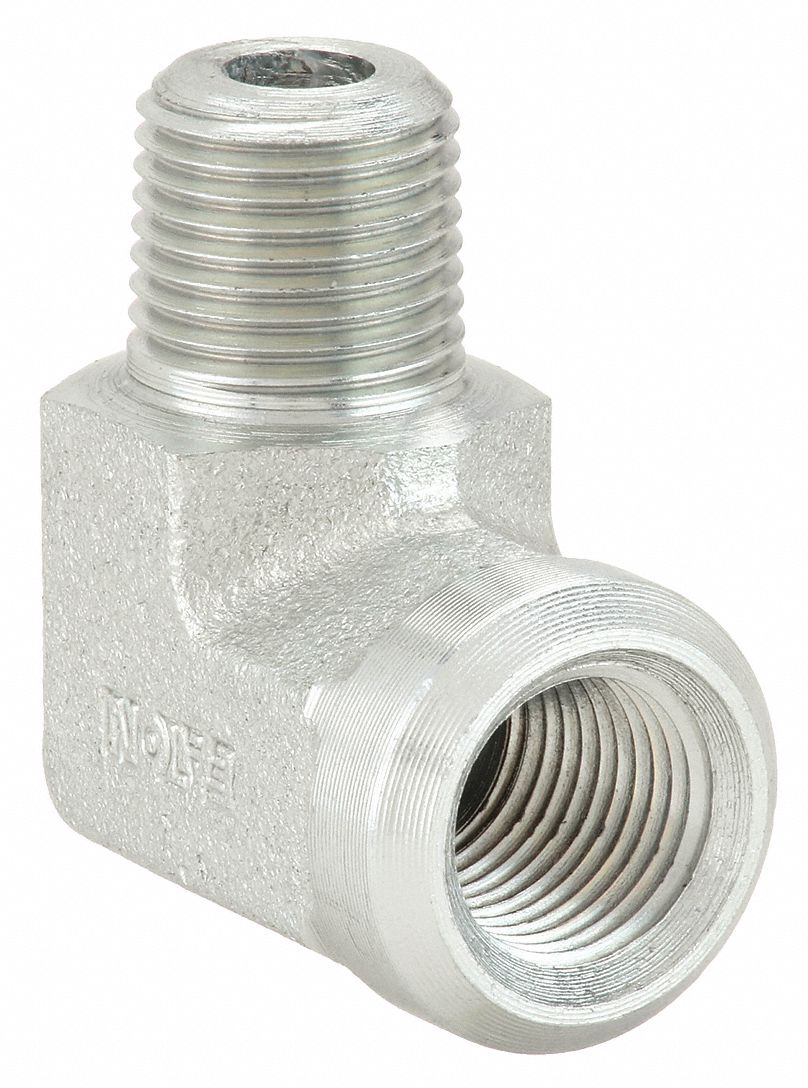 Hydraulic Hose Adapter: 1/8 in x 1/8 in Fitting Size, Male x Female, NPTF x NPTF, Rigid, 90° Elbow