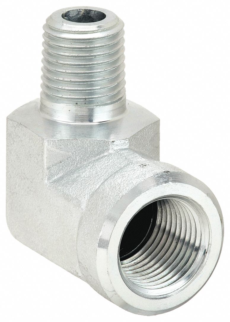 Hydraulic Hose Adapter: 1/4 in x 1/8 in Fitting Size, Male x Female, NPTF x NPTF, Rigid, 90° Elbow