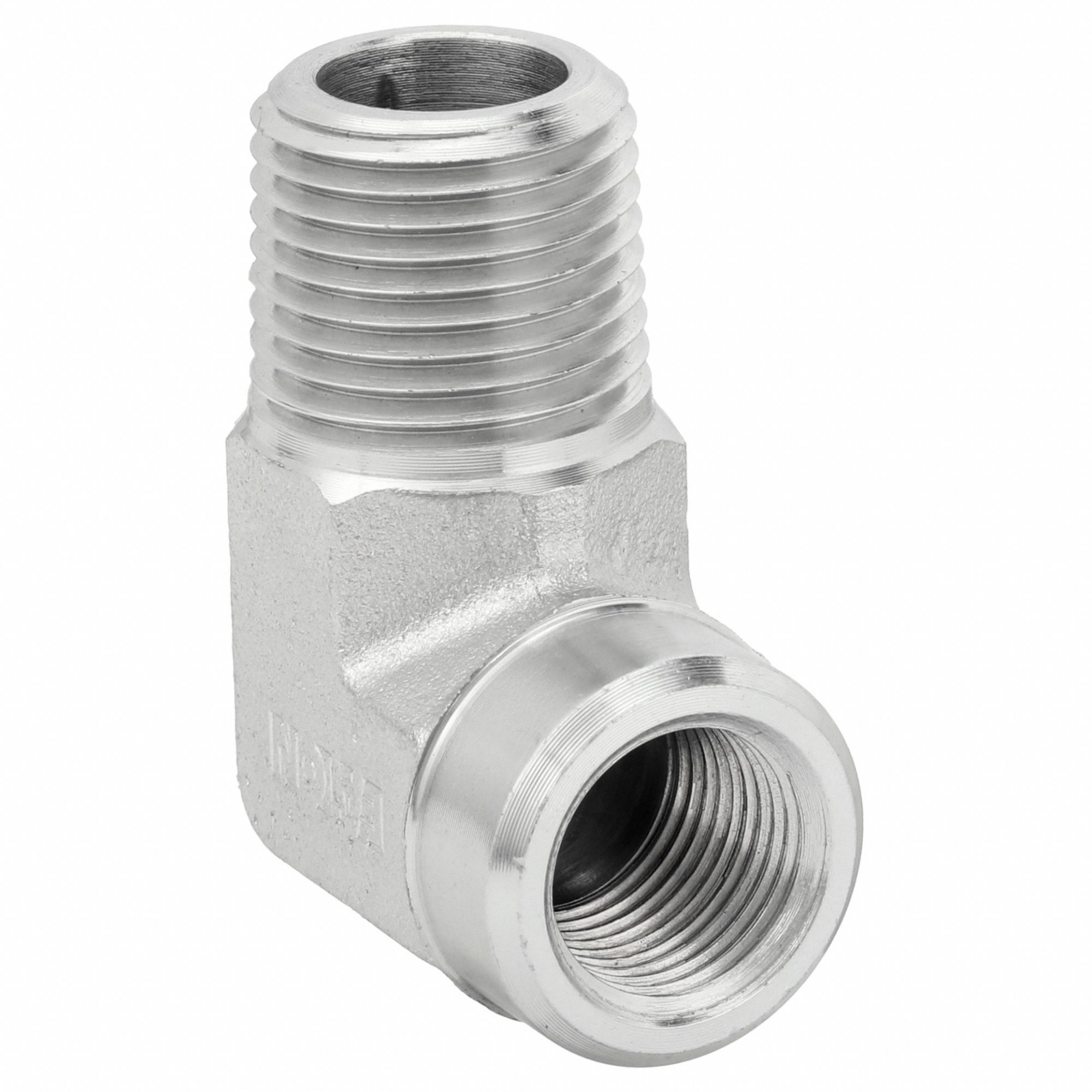 Hydraulic Hose Adapter: 1/2 in x 3/8 in Fitting Size, Male x Female, NPTF x NPTF, Rigid, 90° Elbow