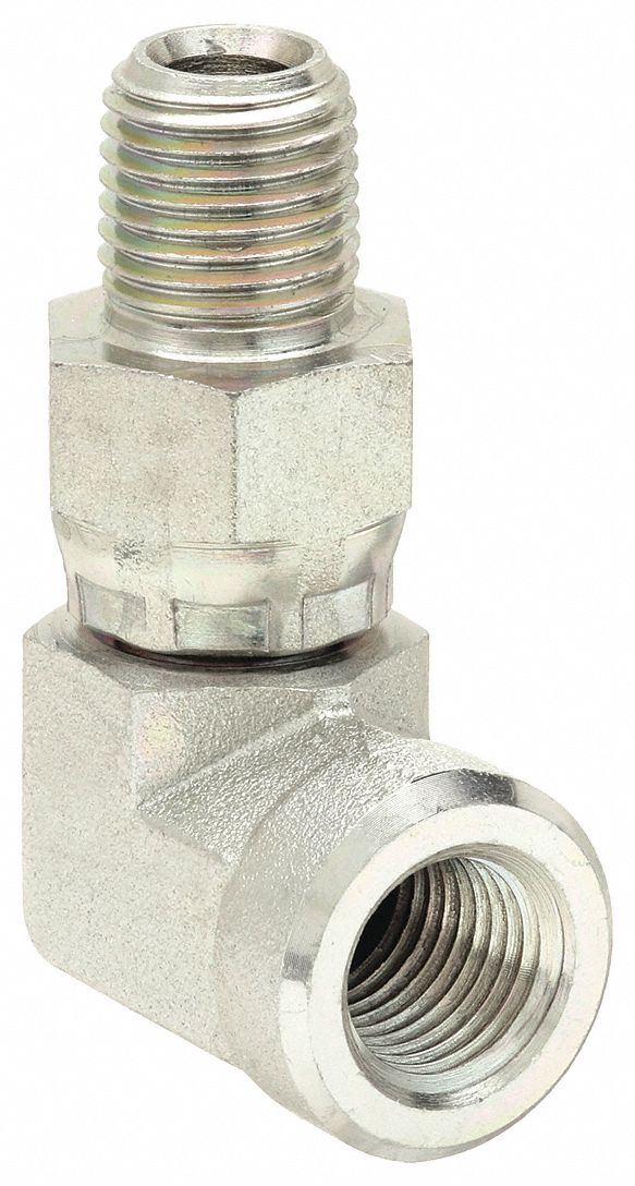 Hydraulic Hose Adapter: 1/4 in x 1/4 in Fitting Size, Male x Female, NPTF x NPTF, Swivel, 90° Elbow