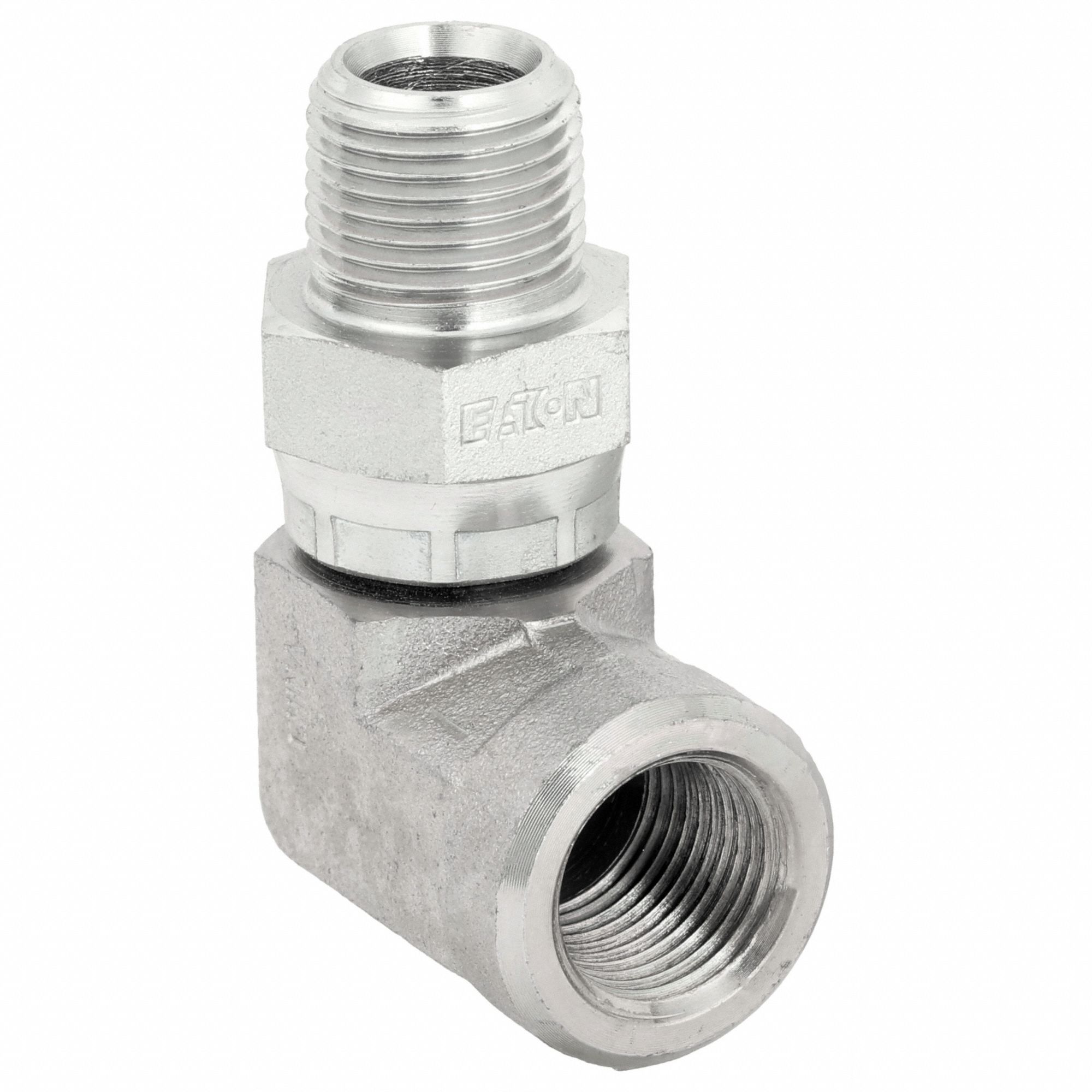 Hydraulic Hose Adapter: 1/2 in x 1/2 in Fitting Size, Male x Female, NPTF x NPTF, Swivel, 90° Elbow