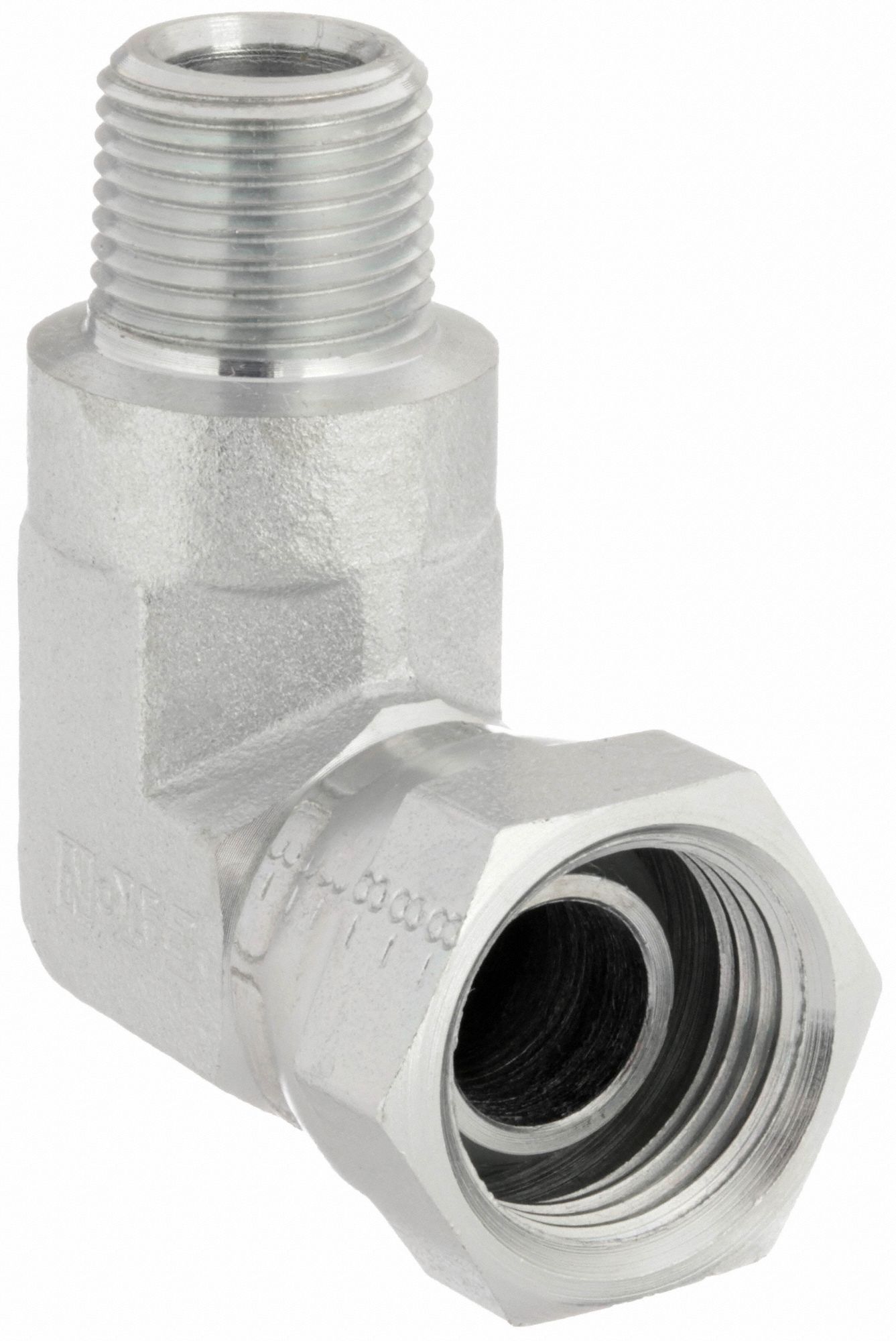 Hydraulic Hose Adapter: 1/2 in x 3/8 in Fitting Size, Female x Male, NPSM x NPTF, Swivel, 90° Elbow