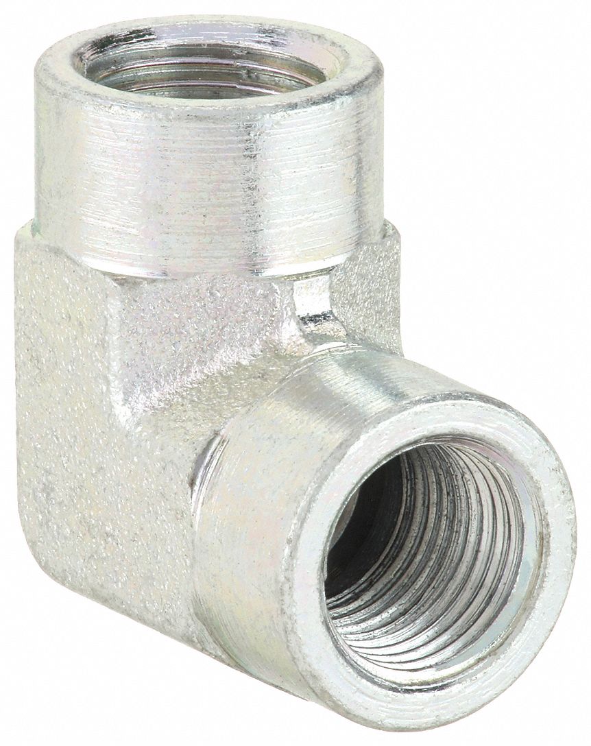 Hydraulic Hose Adapter: 1/8 in x 1/8 in Fitting Size, Female x Female, NPTF x NPTF, Rigid, 90° Elbow