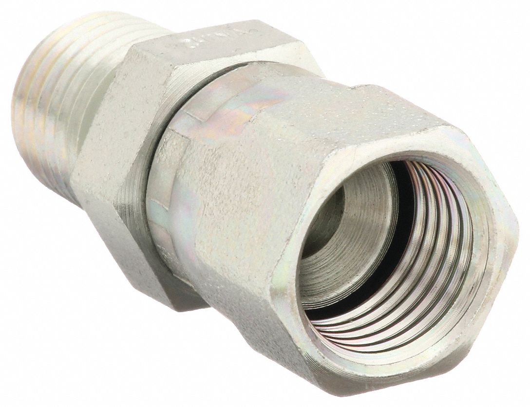 Hydraulic Hose Adapter: 1/4 in x 3/8 in Fitting Size, Male x Female, NPTF x JIC, Swivel, Straight