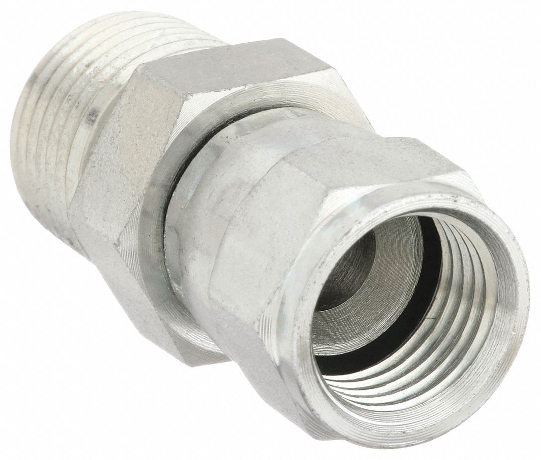 Hydraulic Hose Adapter: 1/4 in x 1/4 in Fitting Size, Male x Female, NPTF x JIC, Swivel, Straight
