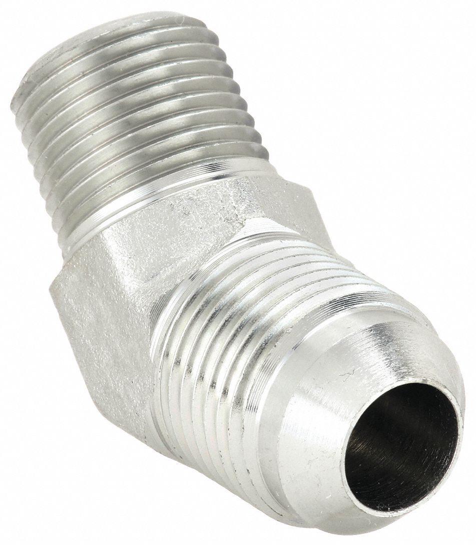 Hydraulic Hose Adapter: 1/2 in x 5/8 in Fitting Size, Male x Male, NPTF x JIC, Rigid, 45° Elbow