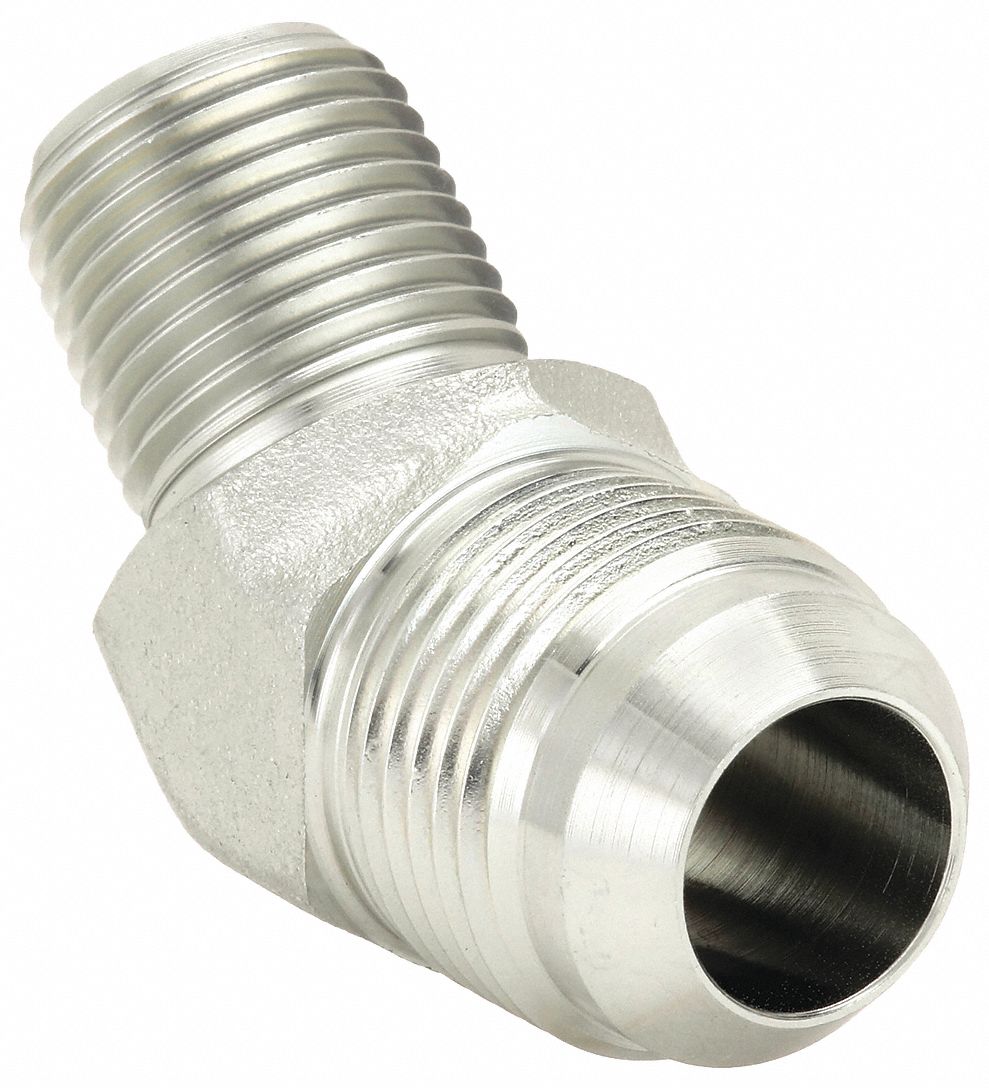 Hydraulic Hose Adapter: 1 in x 1 1/4 in Fitting Size, Male x Male, NPTF x JIC, Rigid, 45° Elbow