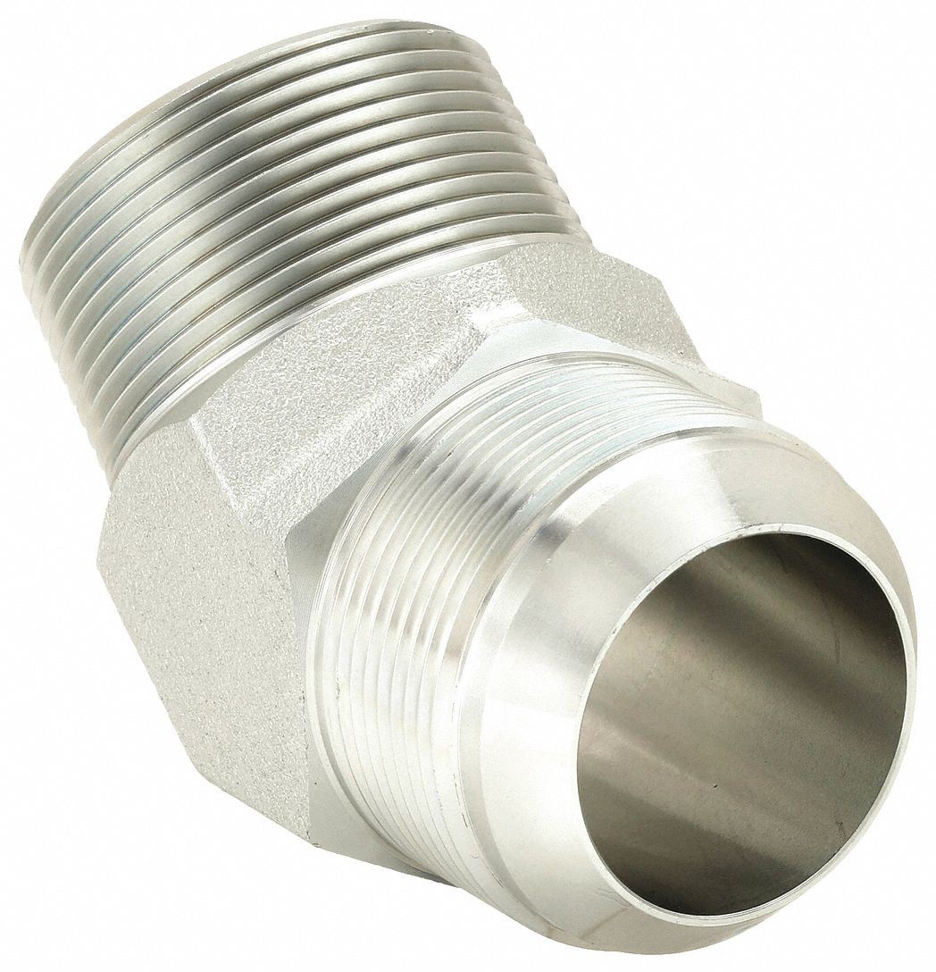 Hydraulic Hose Adapter: 1 1/2 in x 1 1/2 in Fitting Size, Male x Male, NPTF x JIC, Rigid, 45° Elbow